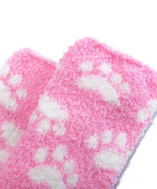Cute Coral Fleece Thigh High Long Paws Patten Socks 2 Pairs-Pink Paws ...